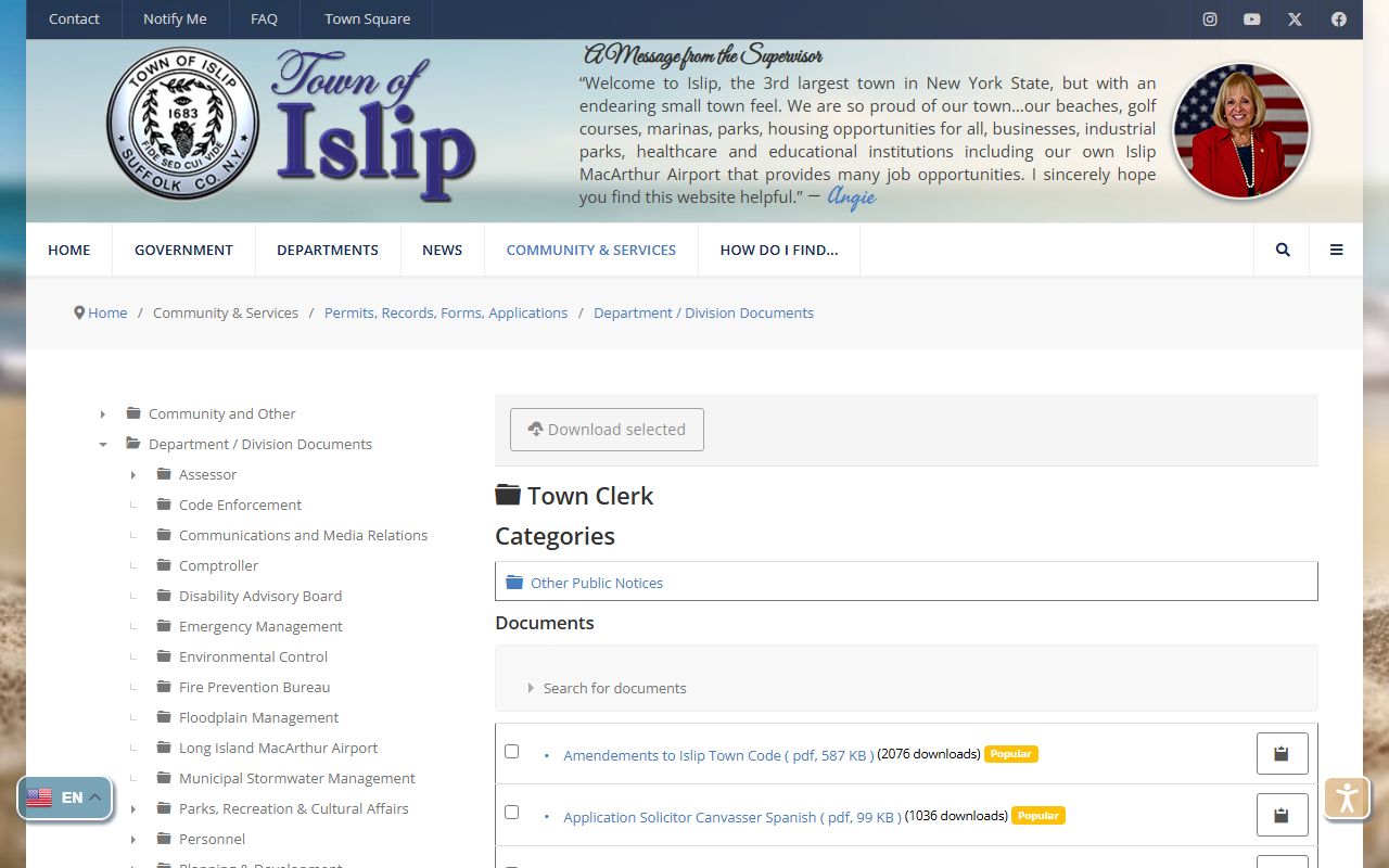 Islip Town Clerk Office records page