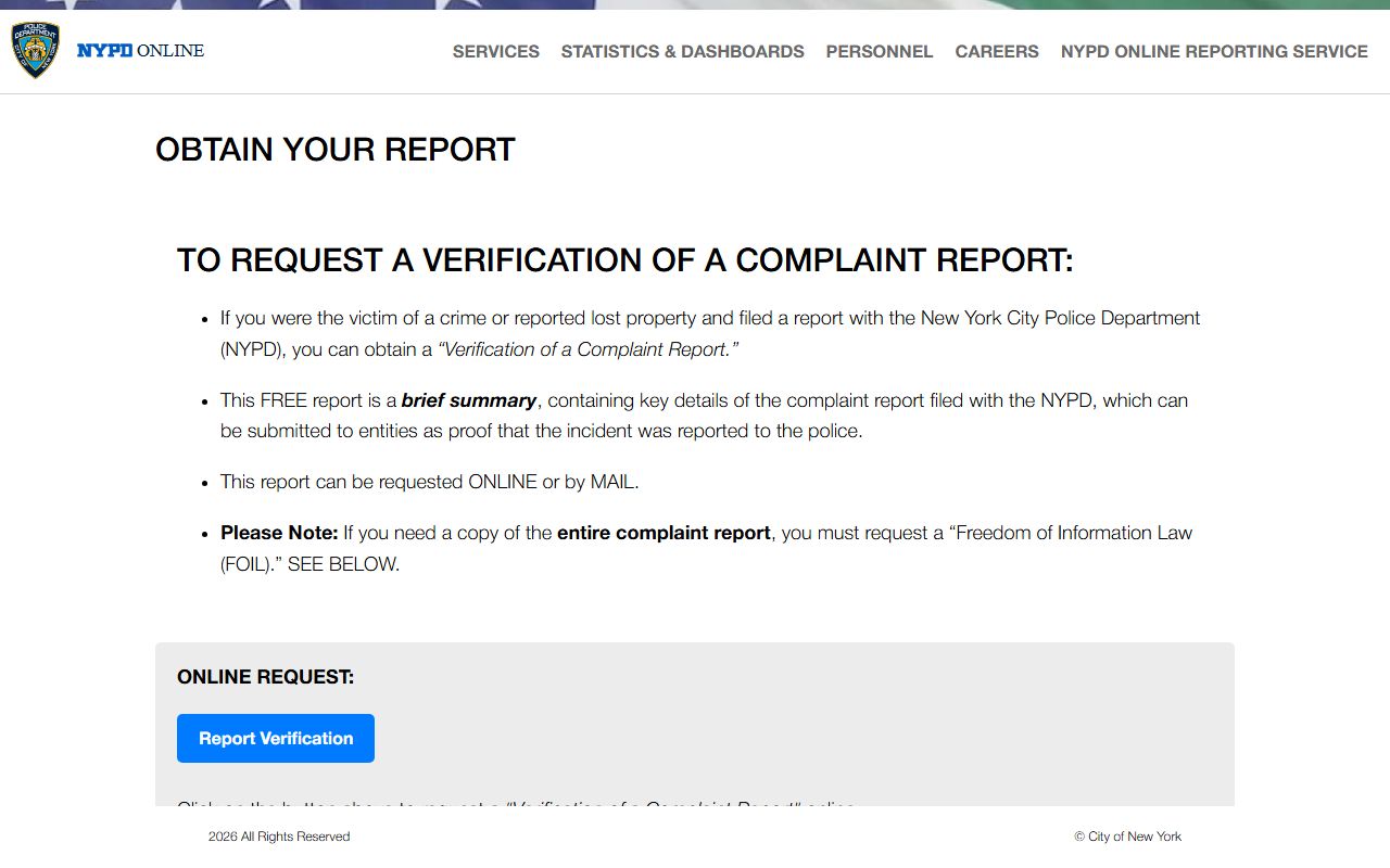 NYPD Criminal Records Unit information page