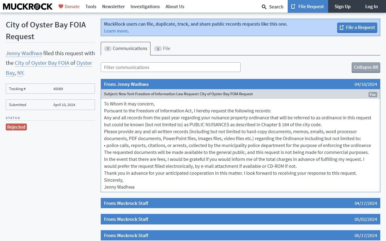 Oyster Bay FOIL request on MuckRock