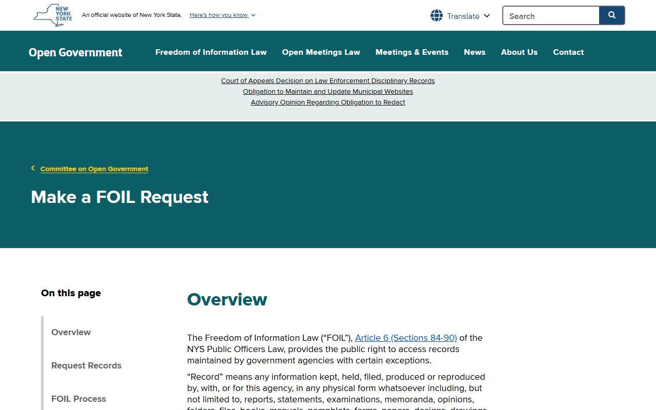 NYS Committee on Open Government website for filing FOIL requests for New York police blotter records