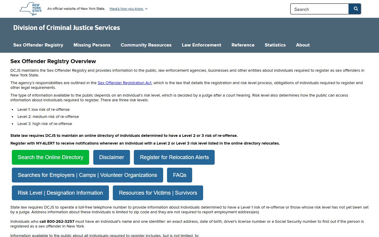 NYS Sex Offender Registry search portal for looking up registered offenders in New York