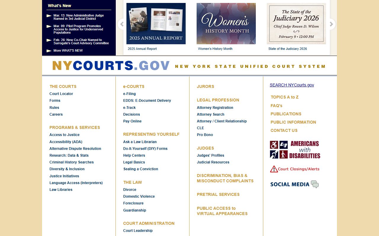 NYS Unified Court System website for searching New York police blotter and criminal case records